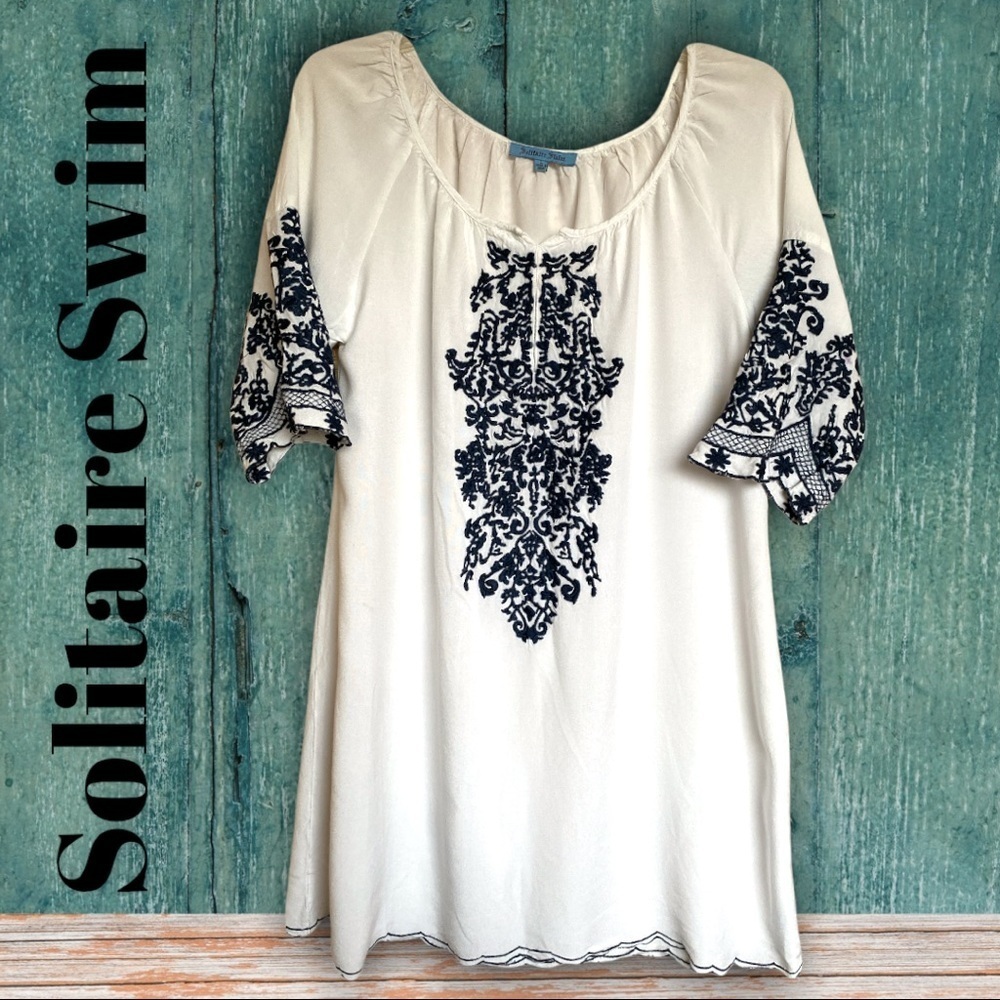 SOLITAIRE SWIM RAGLAN CREW NECK WHITE W. NAVY‎ BLUE EMBROIDERY TUNIC/COVER UP  L